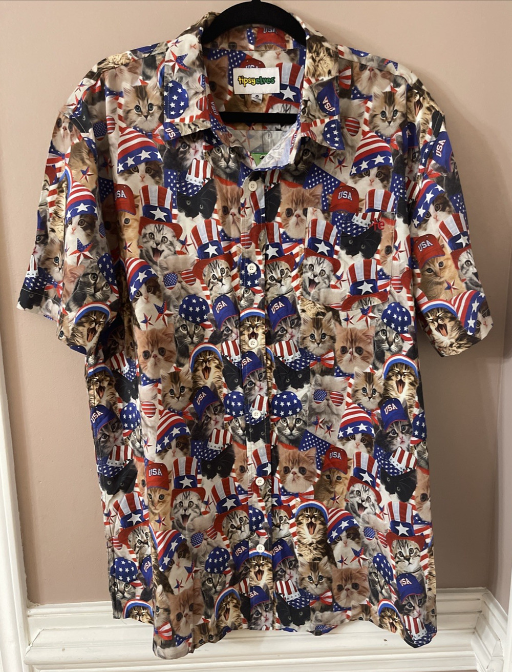 Tipsy Elves Shirt Mens XL Patriotic Cat Faces And Flags Short Sleeve Button New